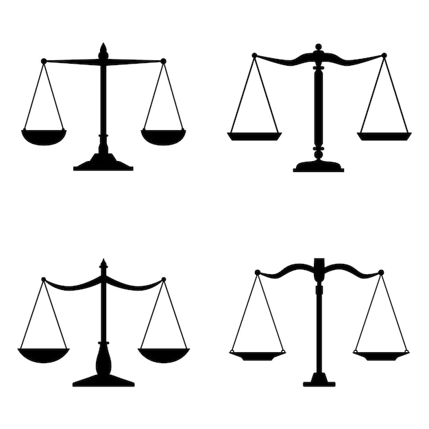 Conjunto de silhuetas negras de escalas de justiça isoladas em ilustração vetorial de fundo branco