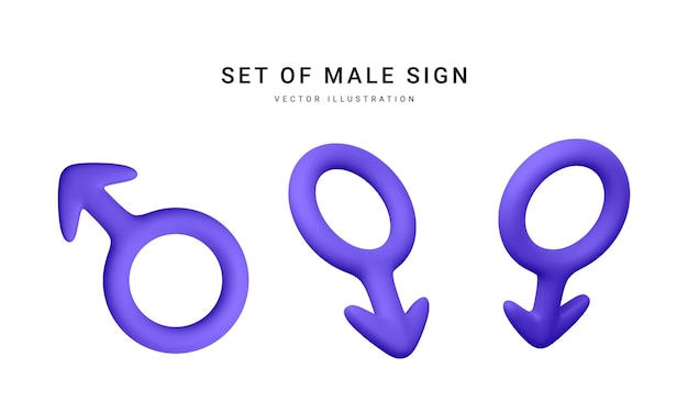Conjunto de símbolo masculino realista 3d isolado no ícone de gênero de renderizações de fundo branco ilustração vetorial