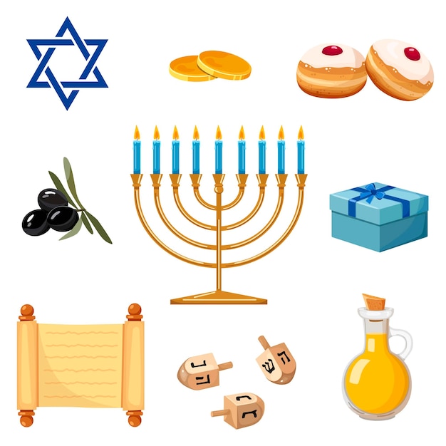 Conjunto de símbolos coloridos de hanukkah com menorah dreidels moedas óleo presente sufganiyot