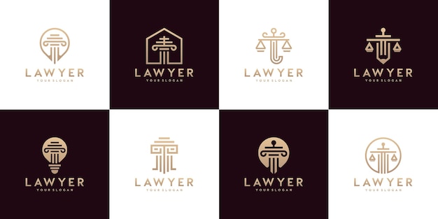 Conjunto de símbolos de direito da justiça, escritório de advocacia, escritório de advocacia, serviços de advogado, modelos de design de logotipo de luxo