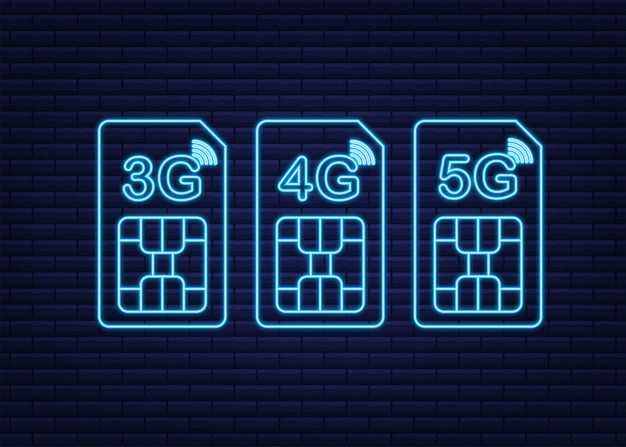 Vetor conjunto de símbolos de néon 5g 4g 3g isolado na tecnologia de comunicação móvel de fundo