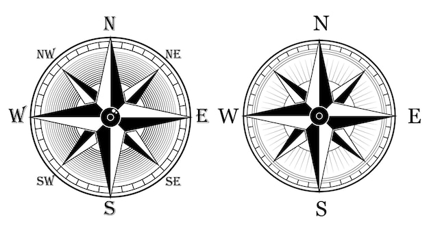 Conjunto de símbolos de vela de navegação marítima isolada ou náutica de bússola rosa dos ventos ou direção geográfica