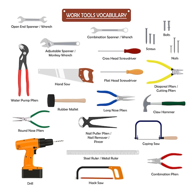 Conjunto de símbolos de vetor de cor de ferramentas de trabalho para construção de carpintaria de engenharia mecânica