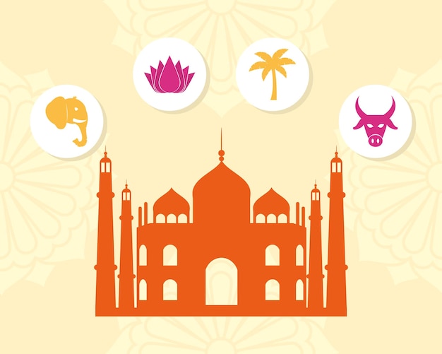 Conjunto de símbolos do Taj Mahal e do índio