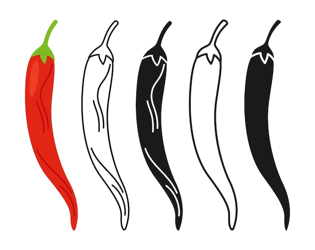 Conjunto de símbolos lineares de desenhos animados de pimenta picante vermelha, ícone de silhueta, comida saudável, especiarias, design de pimenta