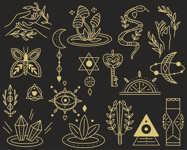 Conjunto de símbolos mágicos dourados estilo doodle Coleção étnica ocultismo isotérico