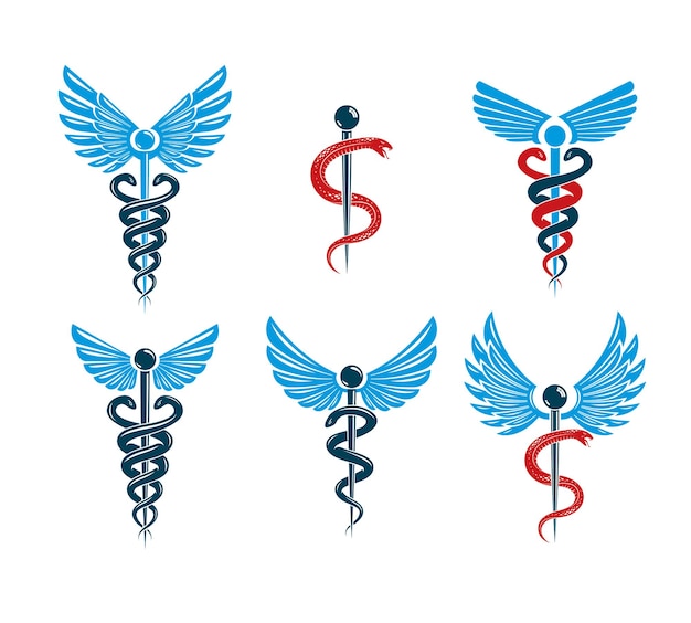 Conjunto de símbolos vetoriais caduceus criados usando asas de pássaros e cobras. ilustrações de tema de tratamento médico e reabilitação.