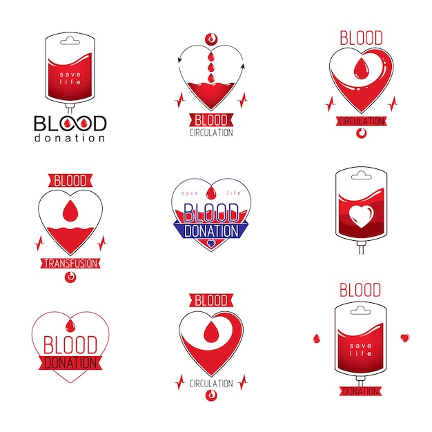 Vetor conjunto de símbolos vetoriais criados no tema de doação de sangue, transfusão de sangue e metáfora de circulação. logotipos de ideias de cuidados médicos para uso em anúncios de cuidados médicos.