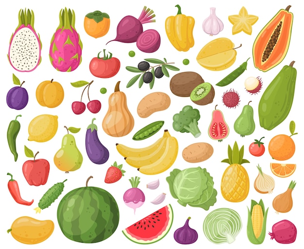 Conjunto de símbolos vetoriais de frutas e legumes dos desenhos animados de verão maçã damasco e beterraba