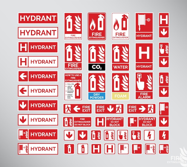 Vetor conjunto de sinais de emergência (extintor de incêndio, hidrante, saída de incêndio)