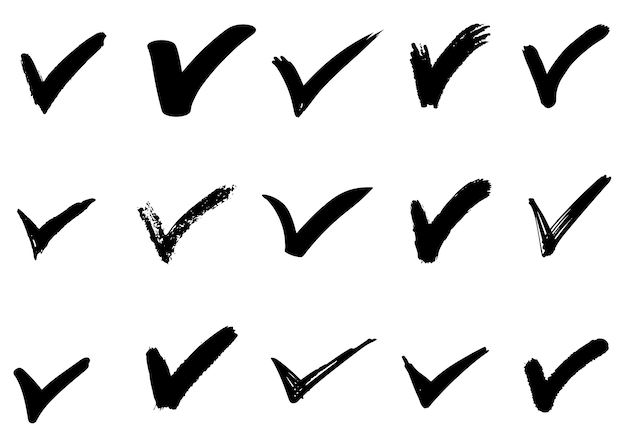 Conjunto de sinais de mão desenhada seleção (v) isolados. lista de verificação marca o conjunto de ícones. esboçar marcas de seleção.