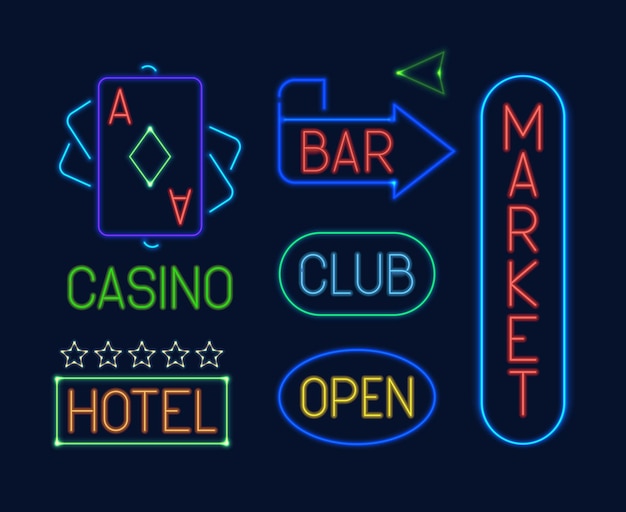 Conjunto de sinais de néon. ponteiros elétricos de néon coloridos brilhantes carta clube azul cassino cartas baralho verde mercado bar vermelho hotel laranja publicidade
