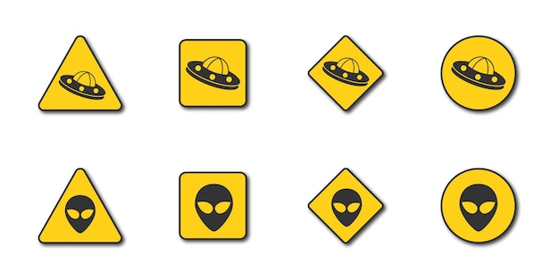 Conjunto de sinais de OVNIs de perigo Ilustração em vetor de sinais de trânsito de aviso de alienígenas