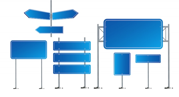 Vetor conjunto de sinais de trânsito azul de estrada. branches com lugar para texto. brincar. sinal de informações isoladas. direção. ilustração