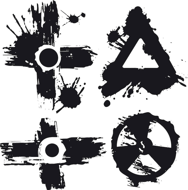 Vetor conjunto de sinais e formas de perigo nuclear atômico preto desenhados à mão por vetores no estilo grunge