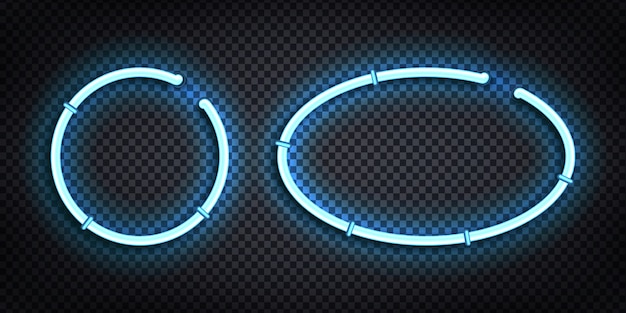 Conjunto de sinal de néon realista de círculo azul e moldura oval para modelo e layout no fundo transparente.