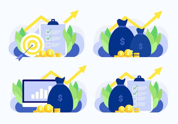 Conjunto de situação de negócios. plano de negócios, alvo, dinheiro, gráfico, investimento, relatório, crescimento financeiro. estilo moderno simples.