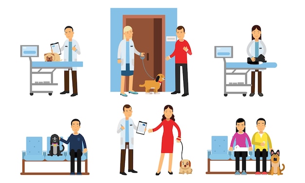 Conjunto de situações em uma clínica veterinária Exame de um gato e um cão esperando na fila conversando com um médico Ilustração vetorial