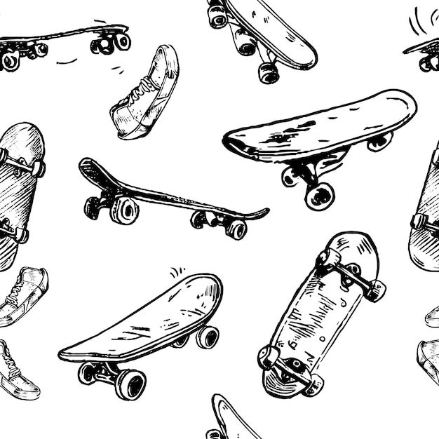 Conjunto de skates isolados no branco Doodle Longboard pennyboard Ilustração vetorial desenhada à mão