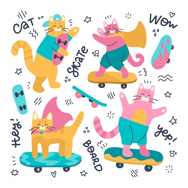 Conjunto de skatistas de gato e diferentes skates. ilustração plana isolada em um fundo branco com doodle decoração e letras