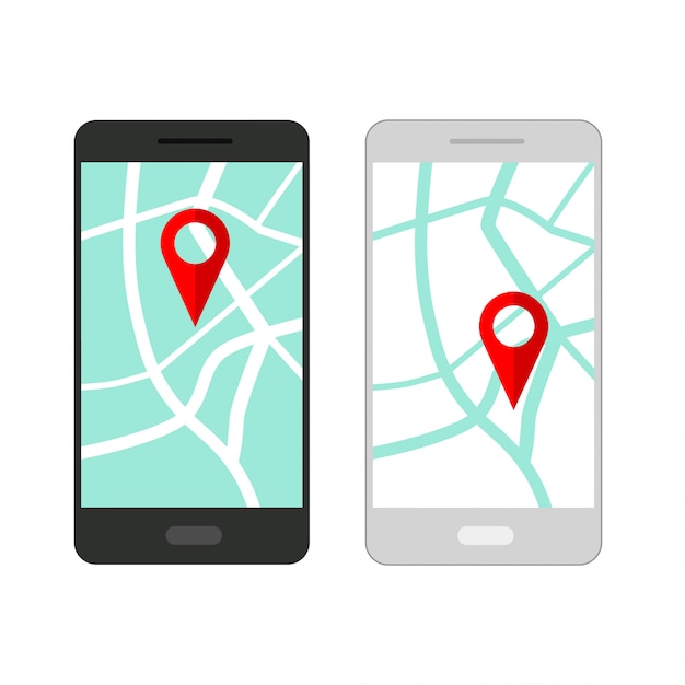 Conjunto de smartphone com navegação de mapa em uma tela. navegador gps com pinpoint vermelho. mapa da cidade com marcadores de ponto.