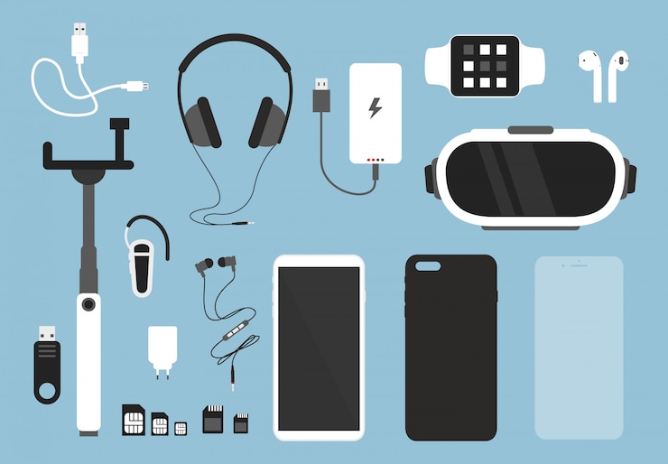 Vetor conjunto de smartphone e acessórios para ele. telefone com estojo, carregador, fones de ouvido e vidro protetor, capa e outras coisas para smartphone em estilo cartoon plana