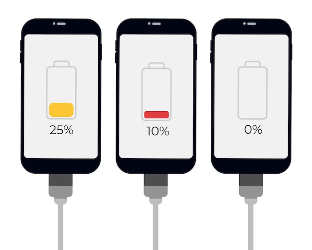 Conjunto de smartphones com indicador de nível de bateria e conexão usb vector infográfico