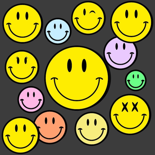 Vetor conjunto de smileys amarelos e coloridos.