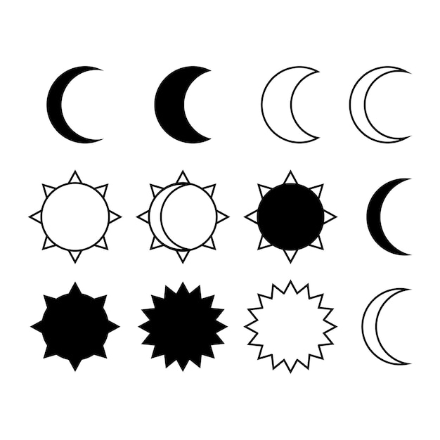 Vetor conjunto de sol e lua estilo gráfico simples objetos pretos isolados no fundo branco