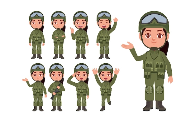 Conjunto de soldado com poses diferentes