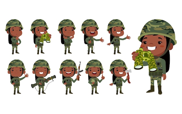 Conjunto de soldados do exército em uniforme com ação diferente