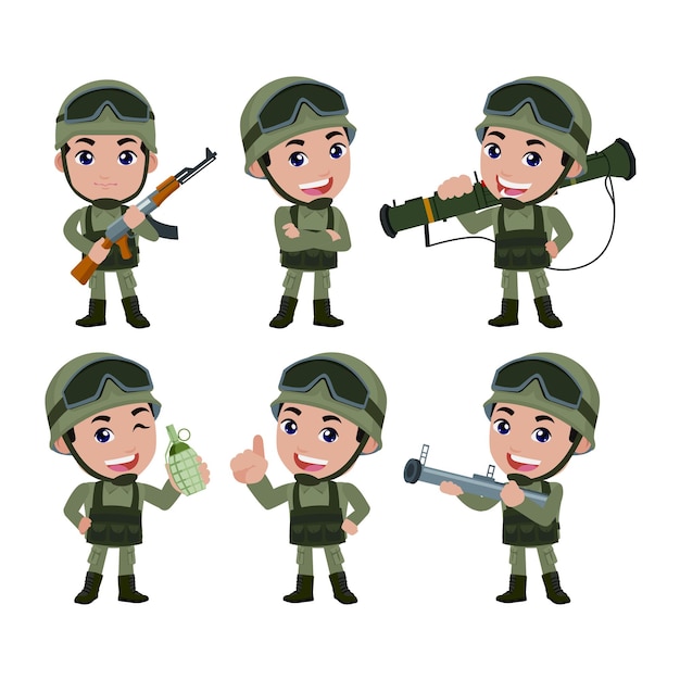 Conjunto de soldados do exército homem de uniforme com ação diferente
