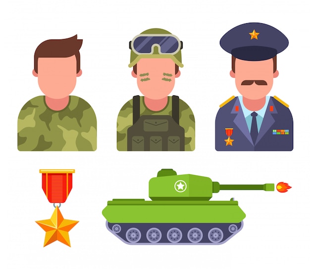 Conjunto de soldados em camuflagem. general do exército. equipamento militar. ilustração plana.