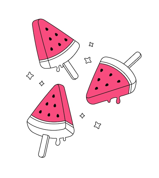 Vetor conjunto de sorvete de melancia sorvete de frutas ilustração de desenho animado de contorno de verão