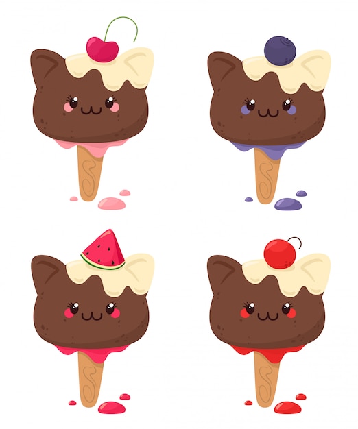 Conjunto de sorvete engraçado com frutas e bagas. gatinho de sorvete. isola em estilo simples dos desenhos animados.