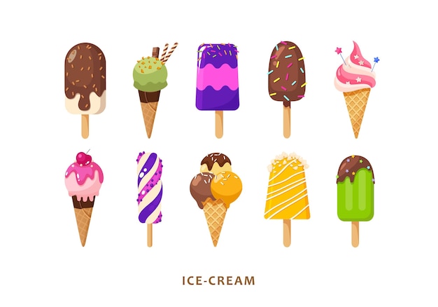 Conjunto de sorvetes saborosos coleção de vários ícones de sorvete multicoloridos