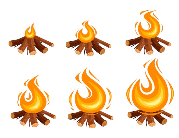 Vetor conjunto de sprites de fogueira queimando toras de madeira e pedras de acampamento.