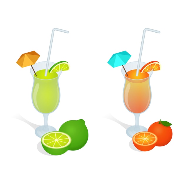 Conjunto de sucos frescos. Elementos de design para menu de café e restaurante. Conceito de alimentação saudável. Ilustração isométrica de vetor 3d plana