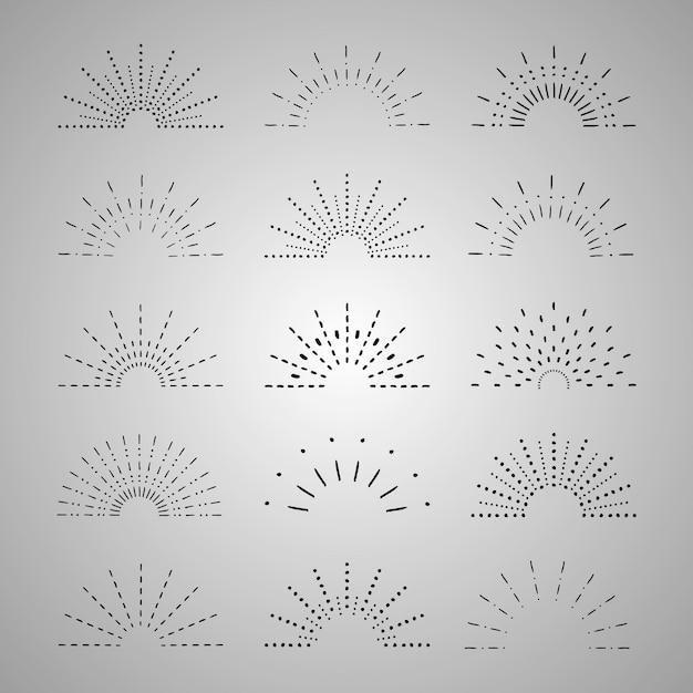 Conjunto de sunburst coleção vintage do nascer do sol elementos de raios de luz estrelas de explosão de fogo de artifício vetor