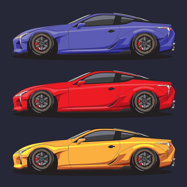 Conjunto de super carros esportivos coloridos em vista lateral Vetor
