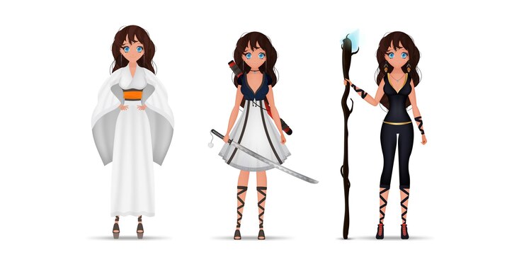 Vetor conjunto de super-heróis de garotas de anime mulher de quimono com katanas estilo de desenho animado vetor isolado