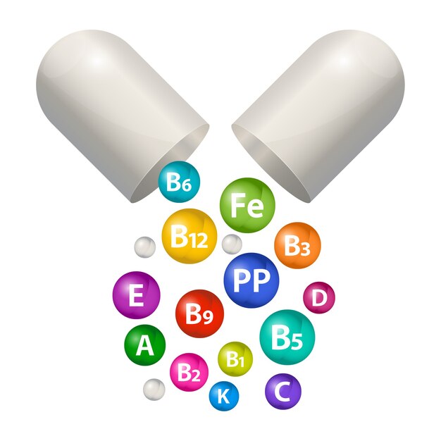 Conjunto de suplemento vitamínico em cápsula. Complexo multivitamínico de bolhas 3D para a saúde. Vitamina A, B1, B2, B3, B5, B6, B9, B12, C, D, E, K, PP.