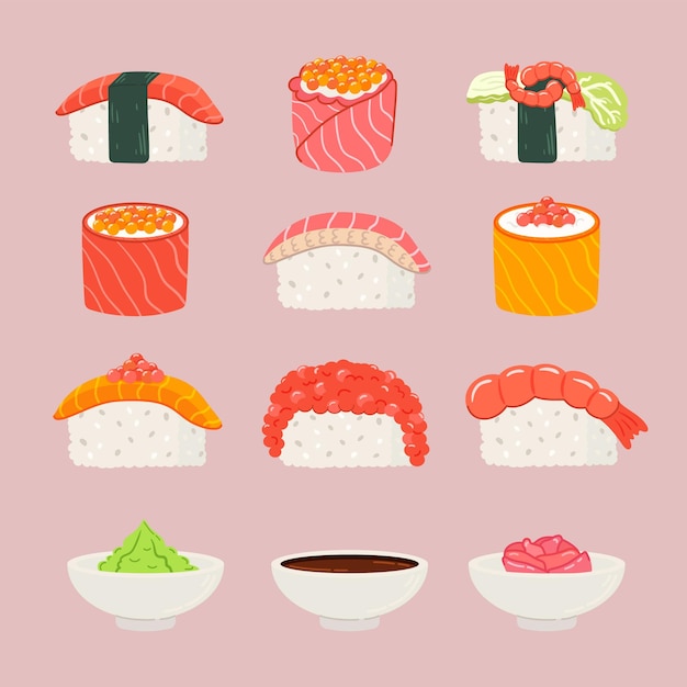 Conjunto de sushi diferente com molho de soja wasabi e gengibre