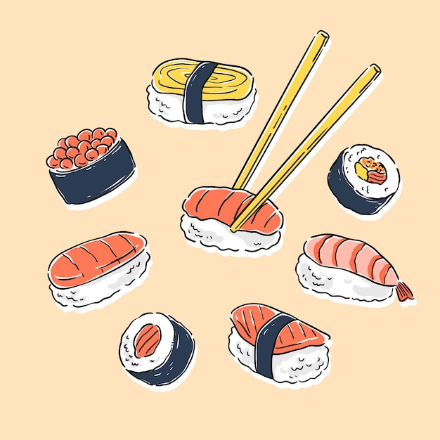 Vetor conjunto de sushi ilustração vetorial desenhada à mão em estilo doodle