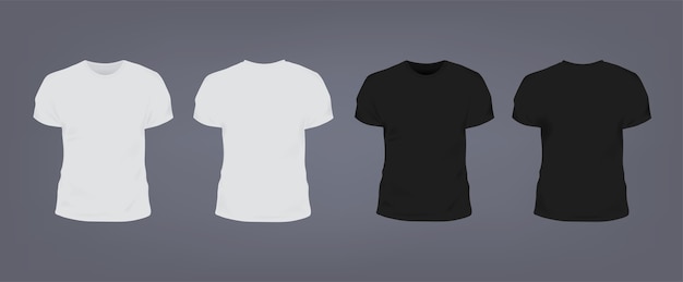 Vetor conjunto de t-shirt justa unissex branca e preta realista com decote redondo. vista frontal e traseira.