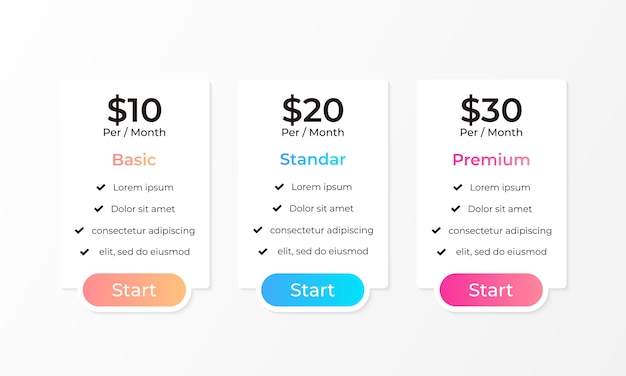 Conjunto de tabela de preços da web com cor gradiente diferente