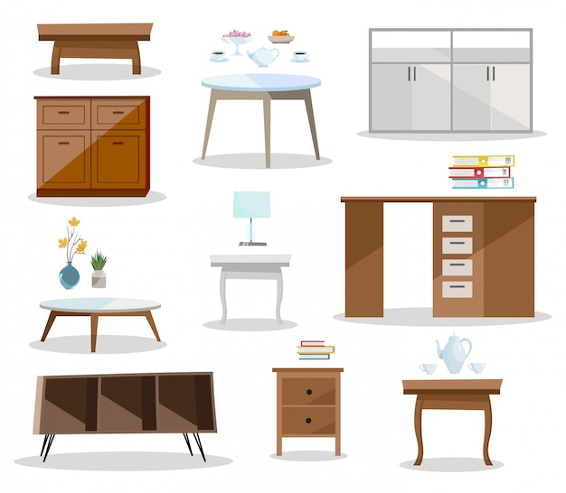 Conjunto de tabelas diferentes. mesa de cabeceira de móveis confortáveis, mesa, mesa de escritório, mesa de café em design moderno.