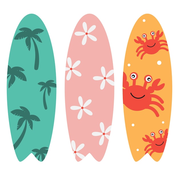 Conjunto de tábuas de surf vetoriais em design tropical com palmeiras, flores e caranguejos ilustração vetorial