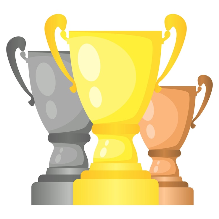 Vetor conjunto de taças de campeão do troféu de vetor em ouro, prata e bronze. prêmios do campeonato para o primeiro, segundo e terceiro lugar. símbolos de vitória isolados no fundo branco.