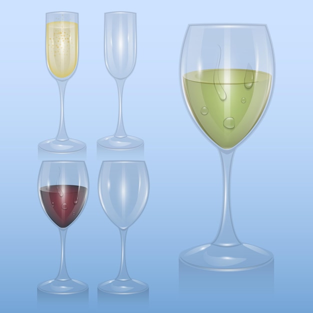 Vetor conjunto de taças de vidro de vetor transparente para bar de vinhos, taças para bebidas, formato vetorial